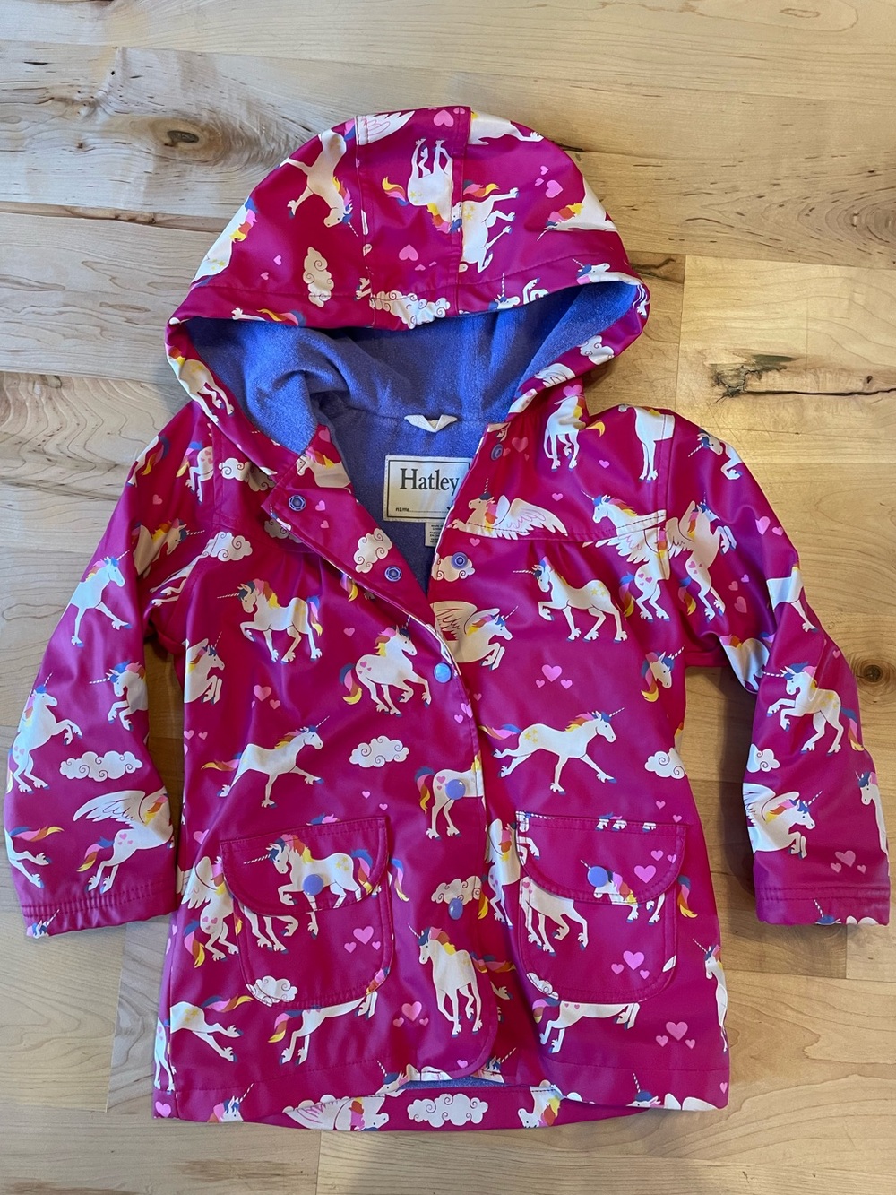 Hatley Rainbow Unicorns Raincoat Girls Size 5 Pink Hooded Jacket